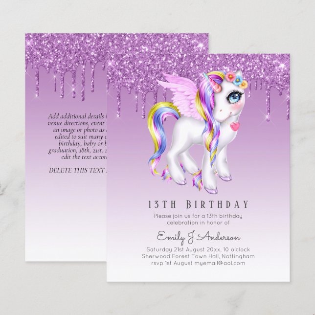 BUDGET Kids Birthday Invite Purple Unicorn (Front/Back)
