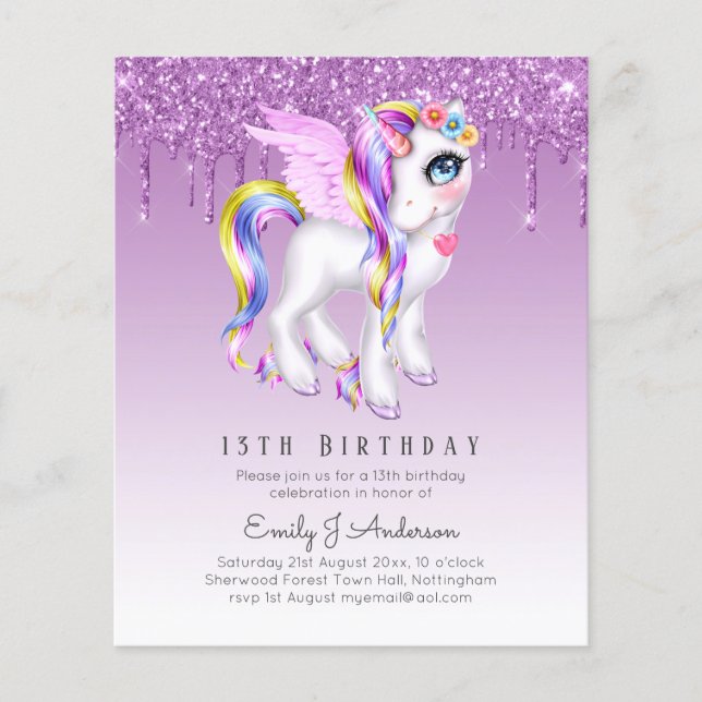 BUDGET Kids Birthday Invite Purple Unicorn Flyer (Front)