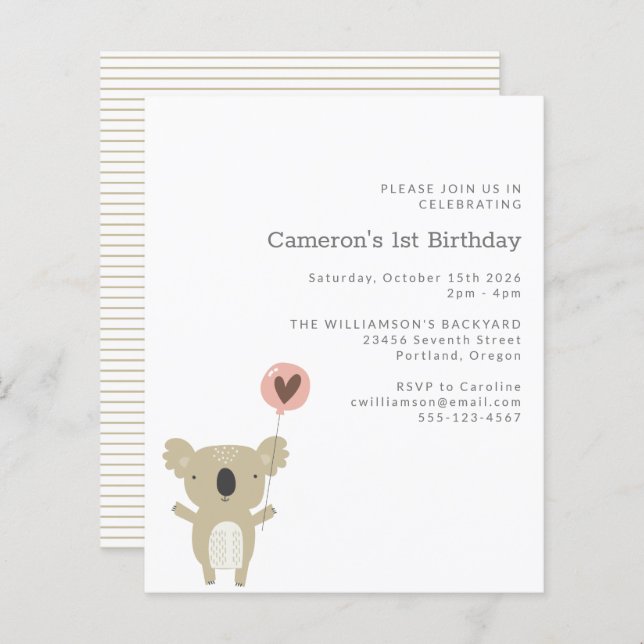 Budget Koala Bear Simple 1st Birthday Invitation (Front/Back)