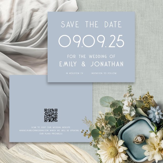 Budget Large Text Dusty Blue Wedding Save the Date (Front and back view)