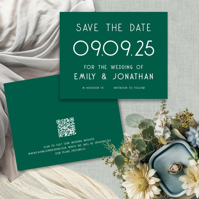 Budget Large Text Emerald Wedding Save the Date (Frotn and back view. Budget smaller 4.5 x 5.6" alternative)