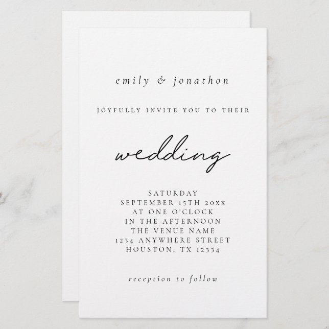 Budget Larger Black White Script Wedding Invite (Front/Back)