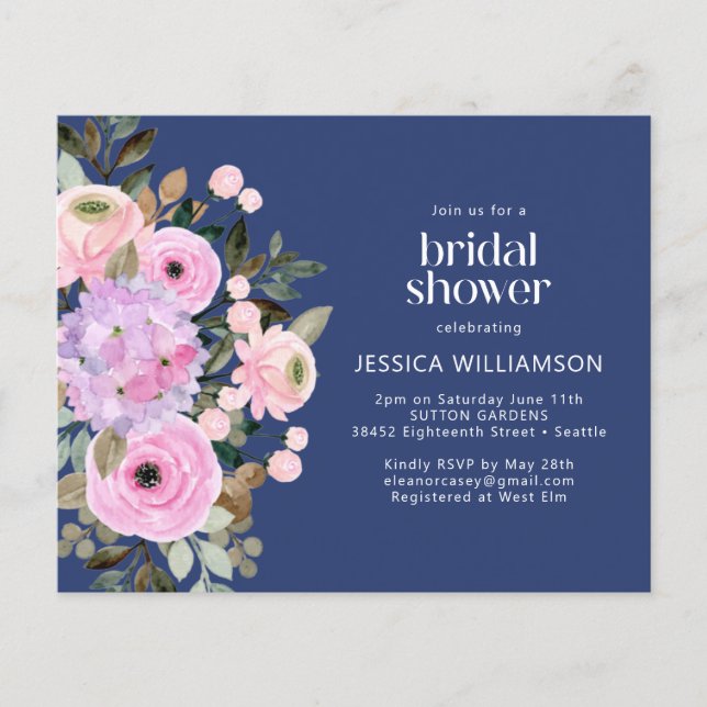 Budget Lavender Blue Floral Bridal Shower Invite (Front)