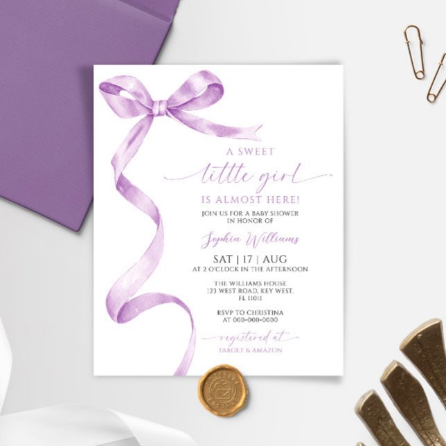 Budget Lavender Bow Girl Baby Shower Invitation (Creator Uploaded)