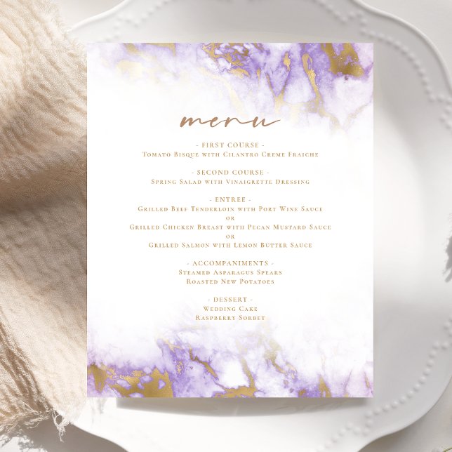 Budget Lavender Gold Marble Wedding Menu (Creator Uploaded)