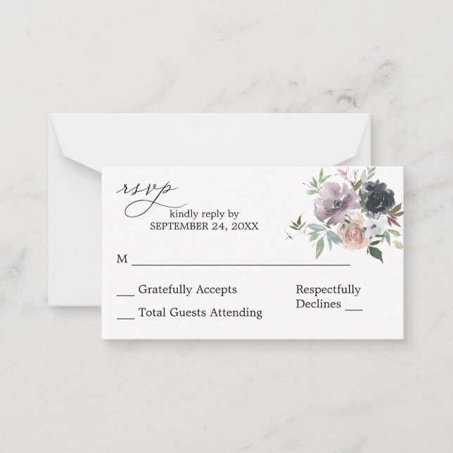 Budget Lavender, Navy Pink Floral 2SM No Meal RSVP Card (Front)