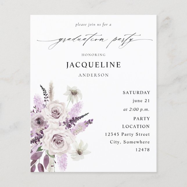 Budget Lavender Purple Floral Graduation Party Flyer (Front)