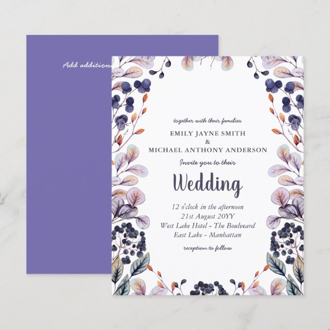 Budget Lavender Purple Leaves Wedding Invite (Front/Back)