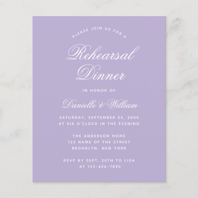 Budget Lavender Purple Rehearsal Dinner Invitation (Front)