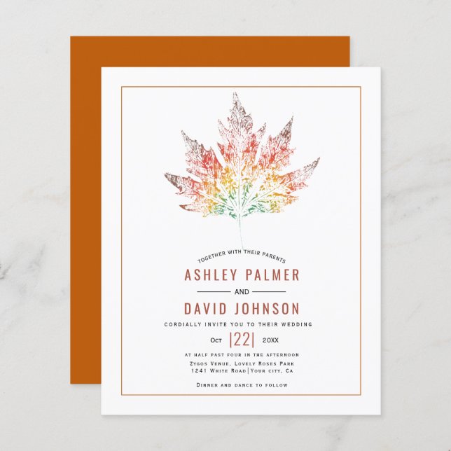BUDGET Leaf print orange fall wedding invitation (Front/Back)
