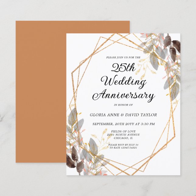 Budget Leafy Gold Wedding Anniversary Invitation (Front/Back)