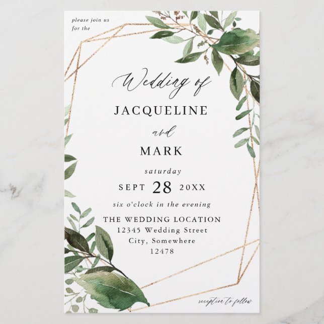Budget Leaves & Eucalyptus Gold Wedding MEDIUM Flyer (Front)