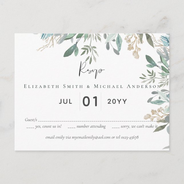 Budget Leaves Greenery Wedding RSVP Postcard (Front)
