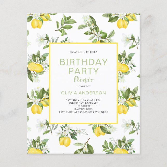 Budget Lemon Citrus Birthday Picnic Invitation (Front)