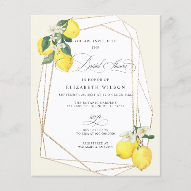 Budget Lemon Citrus Summer Bridal Shower Invite (Front)