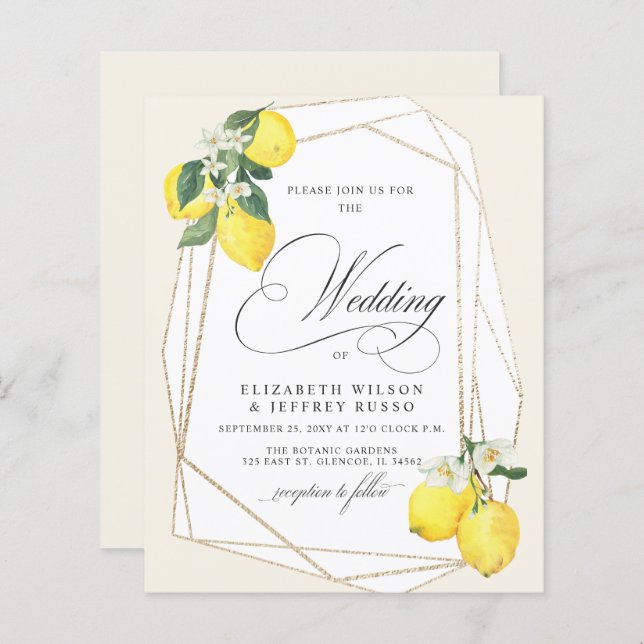 Budget Lemon Citrus Summer Wedding Invitation (Front/Back)
