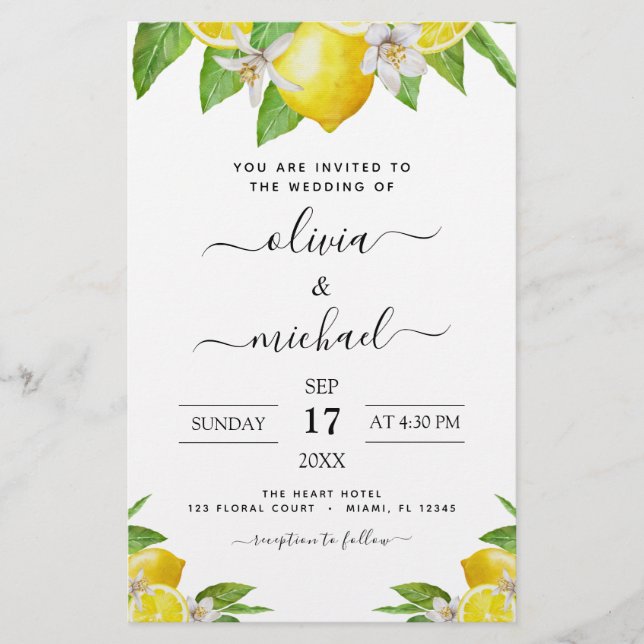 Budget Lemon Citrus Yellow Wedding Invitation (Front)