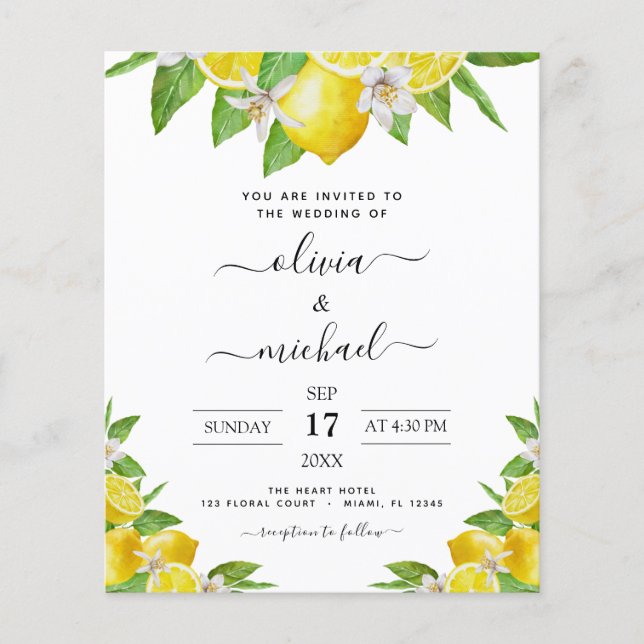 Budget Lemon Citrus Yellow Wedding Invitation (Front)