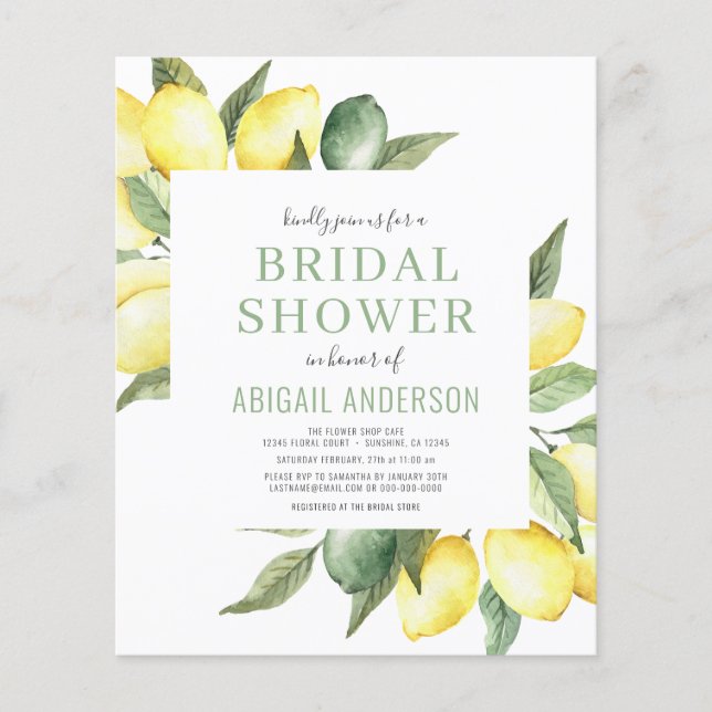 Budget Lemon Floral Bridal Shower Invitation Flyer (Front)