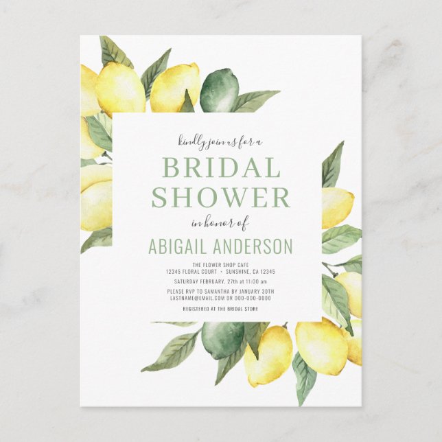 Budget Lemon Floral Bridal Shower Invitation Postcard (Front)