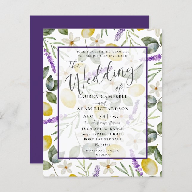 Budget Lemon & Lavender Foliage Wedding Invitation (Front/Back)