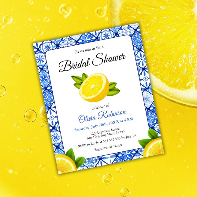 Budget Lemon Mediterranean Bridal Shower Invite (Budget Mediterranean Italian Tile Lemon Bridal Shower Invitation  )
