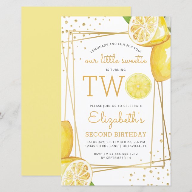 Budget Lemon Watercolor 2nd Birthday Party Invite (Front/Back)