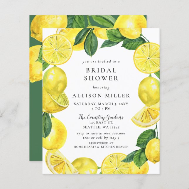 Budget Lemon Wreath Bridal Shower Invitation (Front/Back)