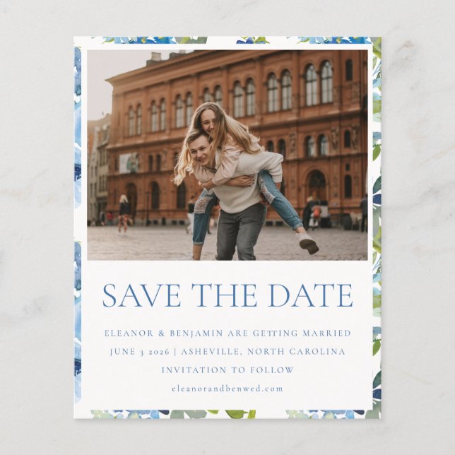 Budget Light Blue Floral Photo Wedding Save Date (Front)