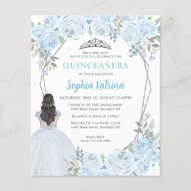 Budget Light Blue Grey Floral Princess Quinceañera (Front)