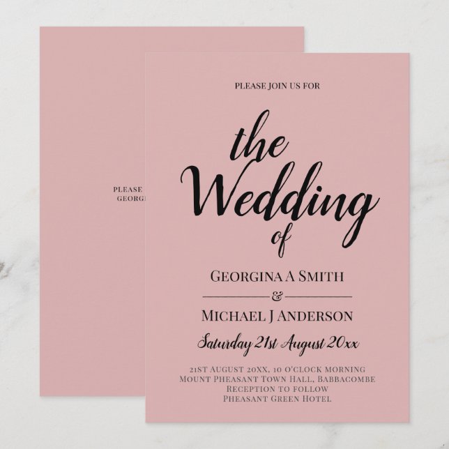 BUDGET Light Dusty Rose Pink Monochrome Wedding Invitation (Front/Back)