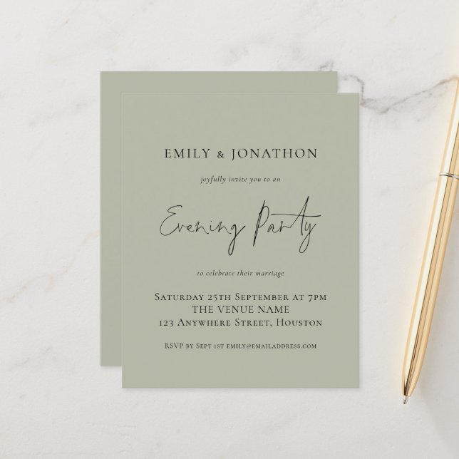 Budget Light Sage Wedding Evening Party Invite (Front/Back In Situ)