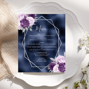 Budget Lilac Floral Silver Navy Wedding Menu