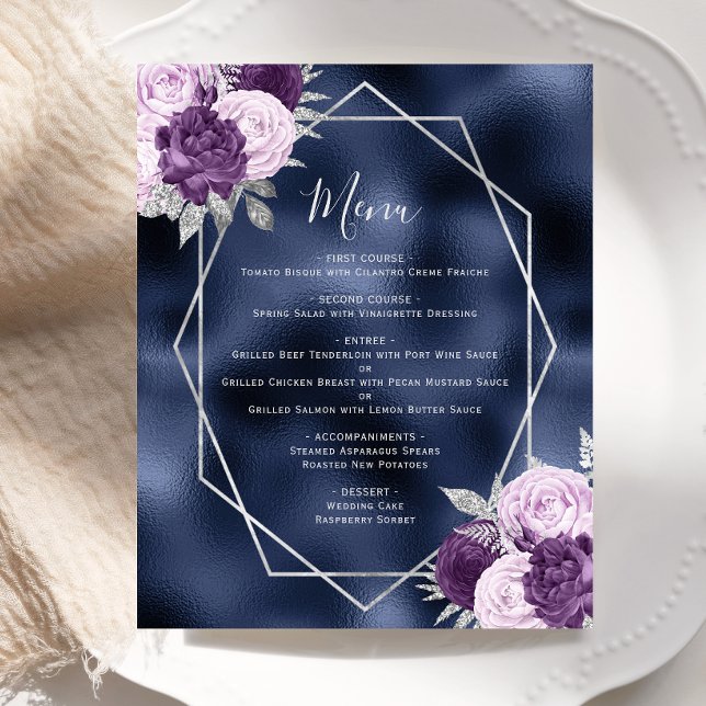Budget Lilac Floral Silver Navy Wedding Menu (Creator Uploaded)