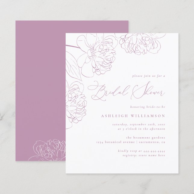 Budget Lilac Hand-drawn Peonies Bridal Shower (Front/Back)