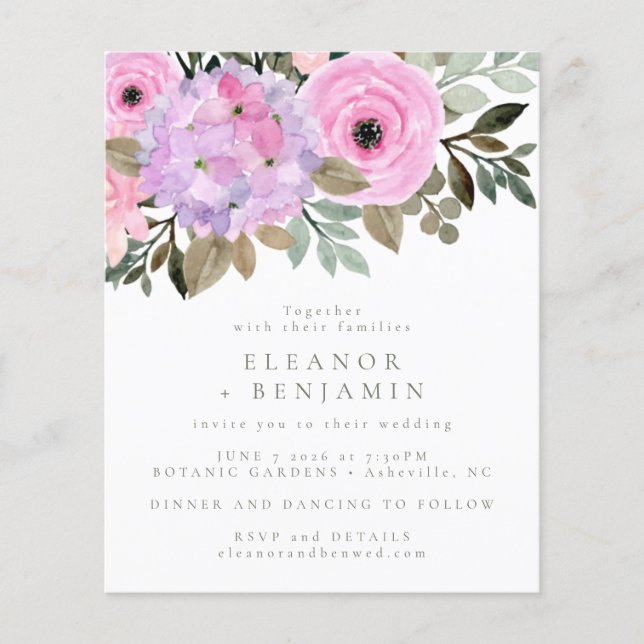 Budget Lilac Pink Floral Bouquet Wedding Invite (Front)