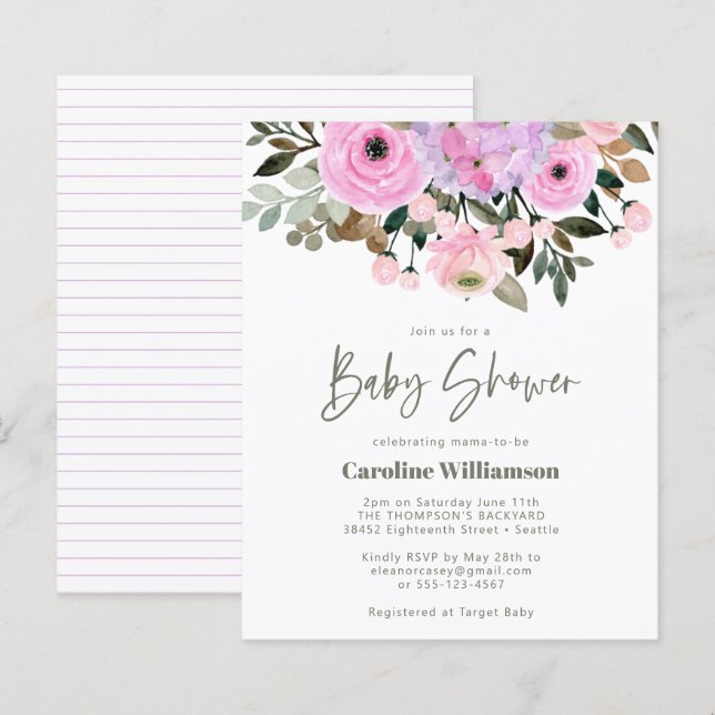 Budget Lilac Pink Floral Cute Baby Shower Invite (Front/Back)