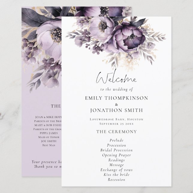 Budget Lilac Purple Florals Wedding Program (Front/Back)