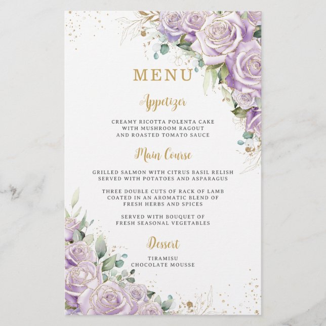 Budget Lilac Purple Rose Floral Flowers Menu Sheet (Front)