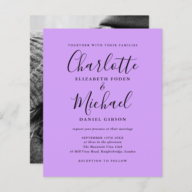 Budget Lilac Script Photo Wedding Invitation (Front/Back)
