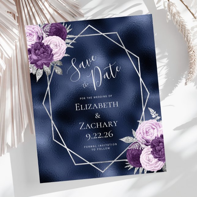 Budget Lilac Silver Floral Navy Save the Date (Creator Uploaded)