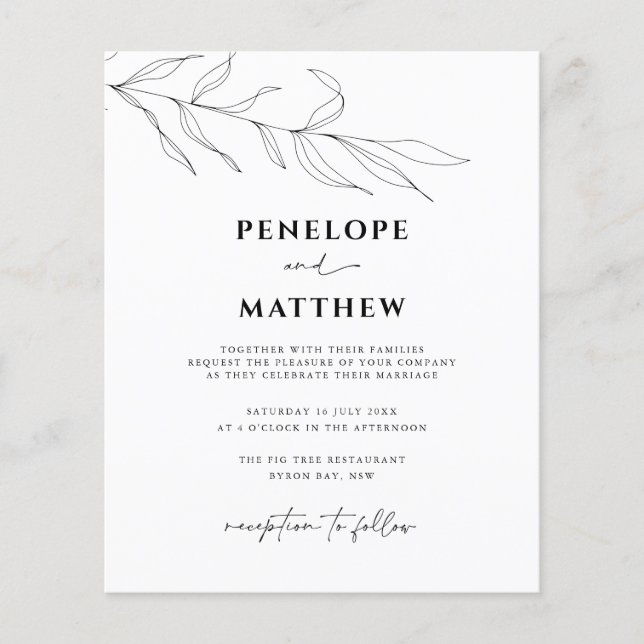 Budget Line Art Foliage Leaf Wedding Invitation Flyer (Front)