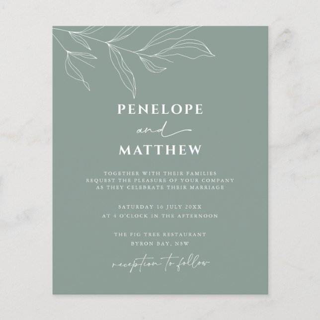 BUDGET Line Art Foliage Sage Wedding Invitation Flyer (Front)