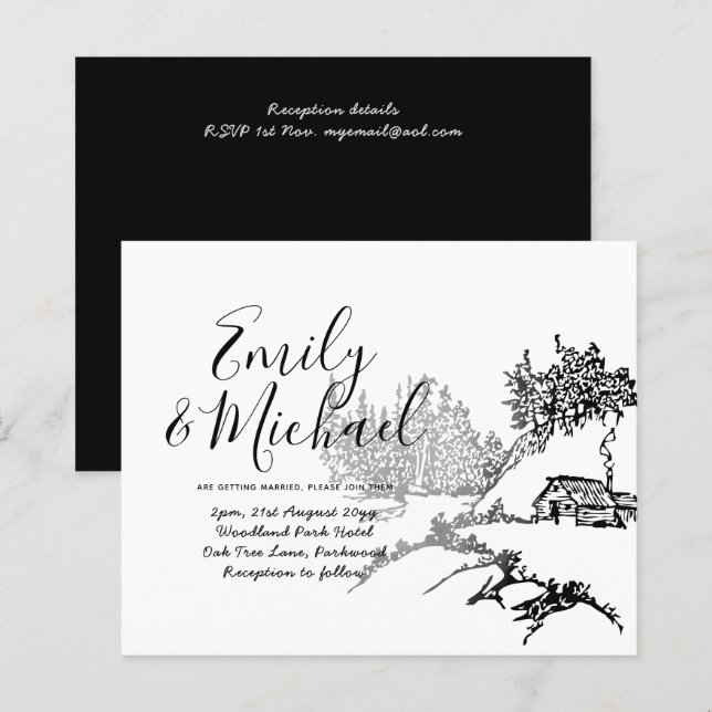 Budget Lineart Cabin in Woods Wedding Invite (Front/Back)