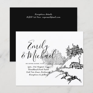 Budget Lineart Cabin in Woods Wedding Invite