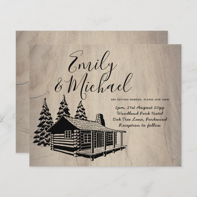 Budget Lineart Cabin in Woods Wedding Invite (Front/Back)