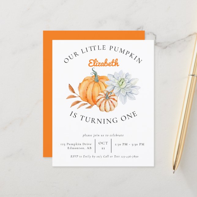 Budget Little Pumpkin 1st Birthday Invitation Cute (Front/Back In Situ)