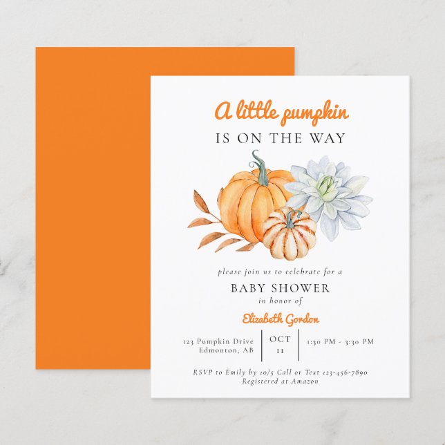 Budget Little Pumpkin Baby Shower Elegant Simple (Front/Back)