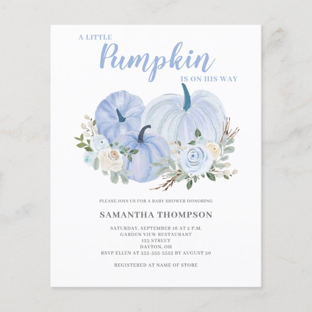 Budget Little Pumpkin Blue Baby Shower Invitation Flyer (Front)