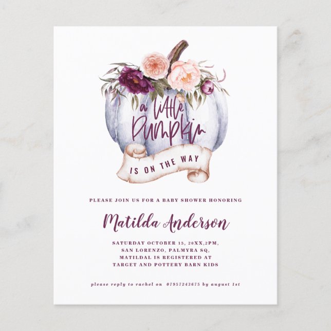 budget Little pumpkin fall baby shower invitation (Front)